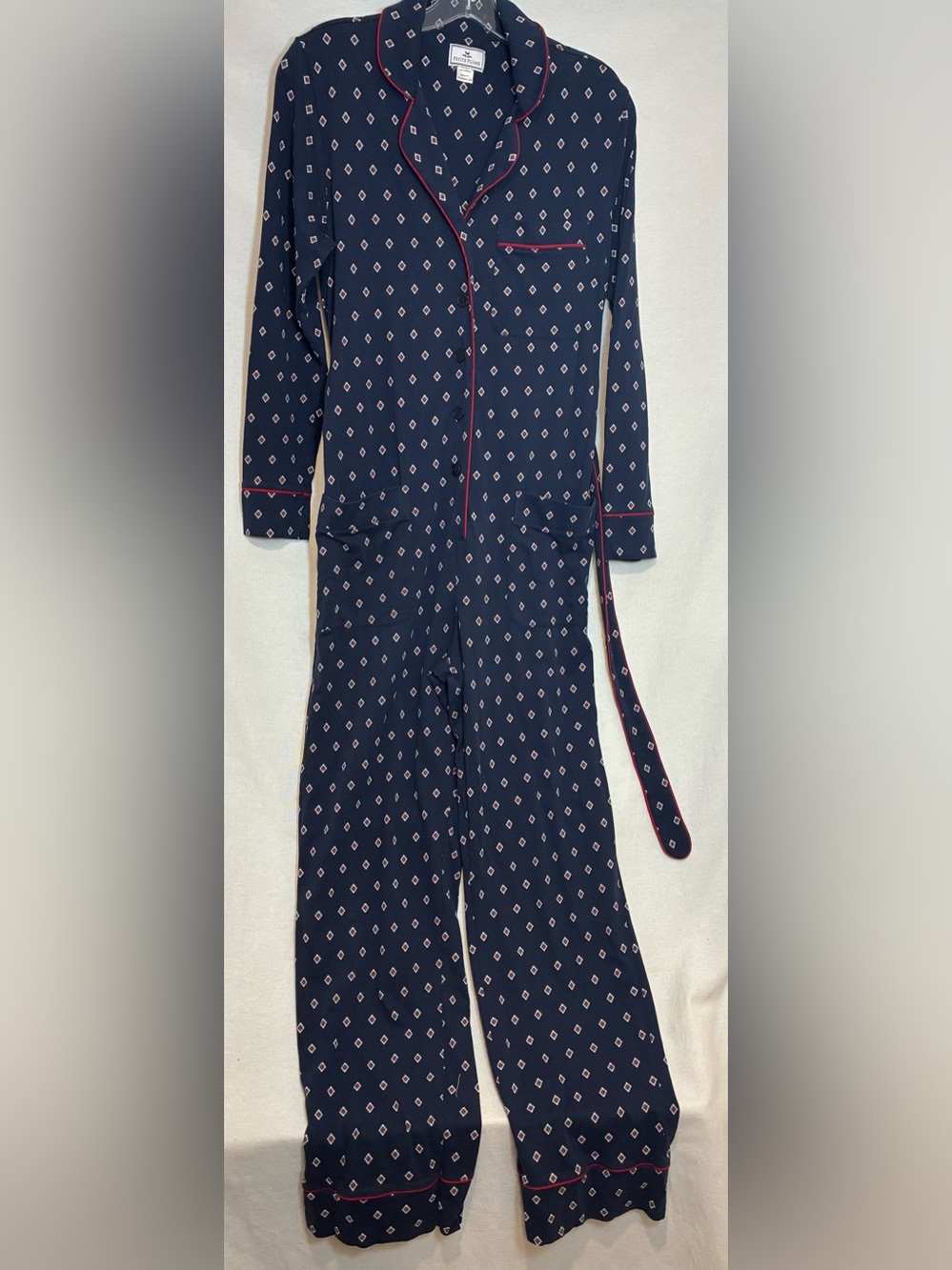 Petite Plume Diamond Print Jumpsuit Pajamas With Belt 100% Pima Cotton Women XS